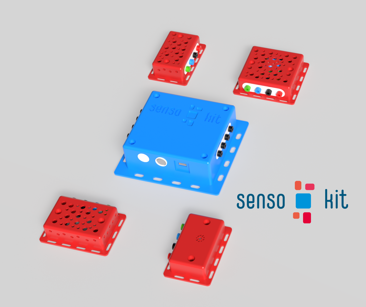 Rendering der sensokit Komponenten. In der Mitte ist das Hauptmodul dargestellt. Außen herum die vier Sensoren.